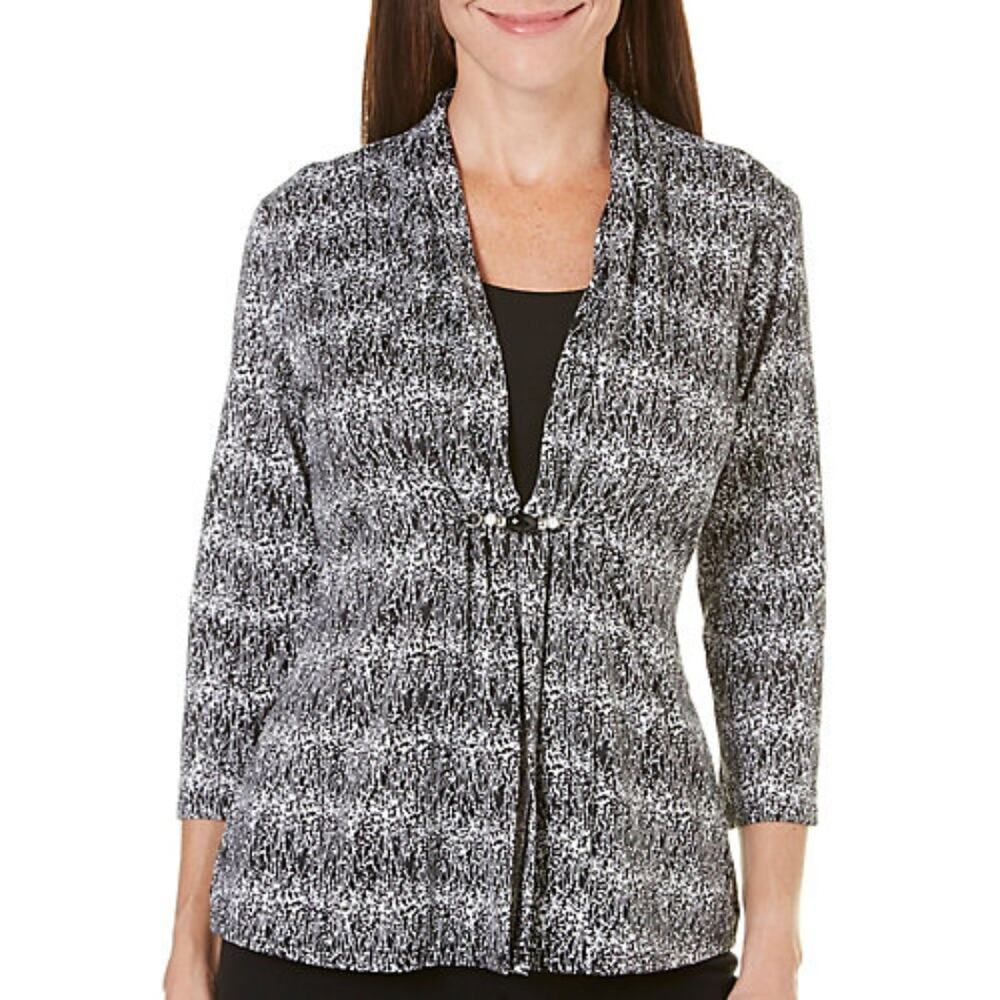 Coral Bay Black & Tan Print Duet Top - Size PL - Black Tank & Cardigan SET NWT